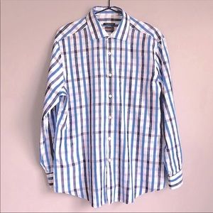 Van Heusen Plaid Blue Aqua Stretch Slim Fit Flex Collar Button Dress Shirt 32/33